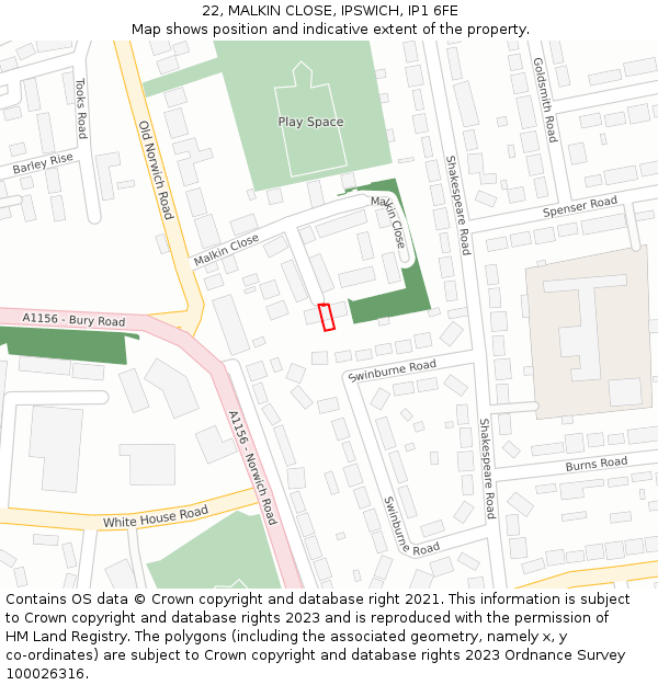 22, MALKIN CLOSE, IPSWICH, IP1 6FE: Location map and indicative extent of plot