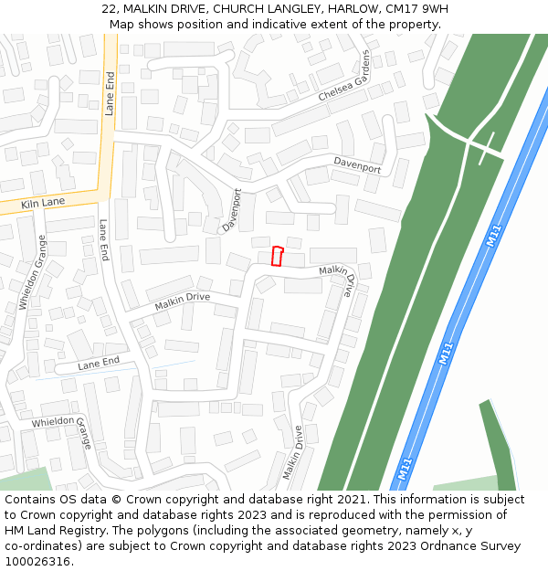 22, MALKIN DRIVE, CHURCH LANGLEY, HARLOW, CM17 9WH: Location map and indicative extent of plot