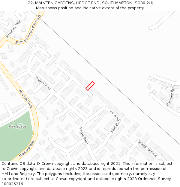 22, MALVERN GARDENS, HEDGE END, SOUTHAMPTON, SO30 2UJ: Location map and indicative extent of plot