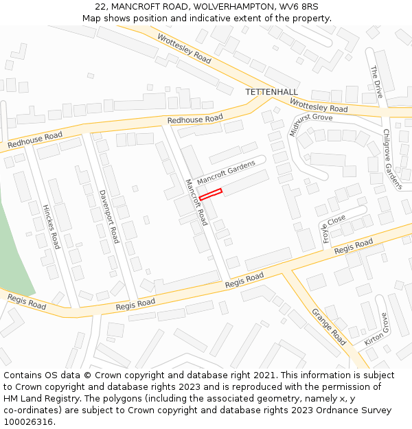 22, MANCROFT ROAD, WOLVERHAMPTON, WV6 8RS: Location map and indicative extent of plot