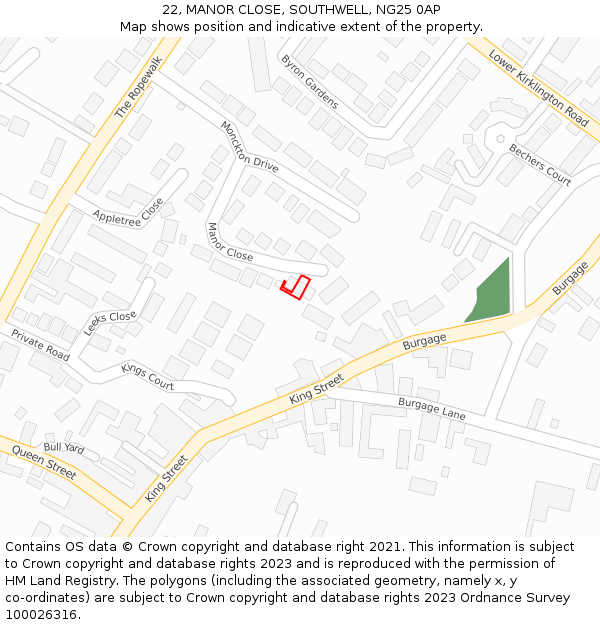 22, MANOR CLOSE, SOUTHWELL, NG25 0AP: Location map and indicative extent of plot