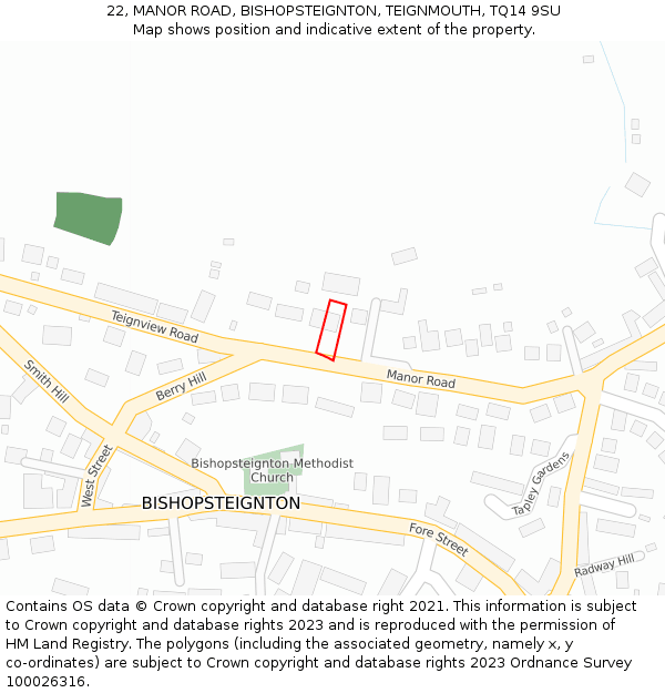 22, MANOR ROAD, BISHOPSTEIGNTON, TEIGNMOUTH, TQ14 9SU: Location map and indicative extent of plot