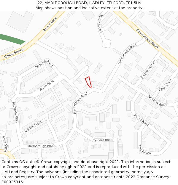 22, MARLBOROUGH ROAD, HADLEY, TELFORD, TF1 5LN: Location map and indicative extent of plot