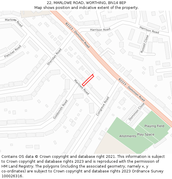 22, MARLOWE ROAD, WORTHING, BN14 8EP: Location map and indicative extent of plot