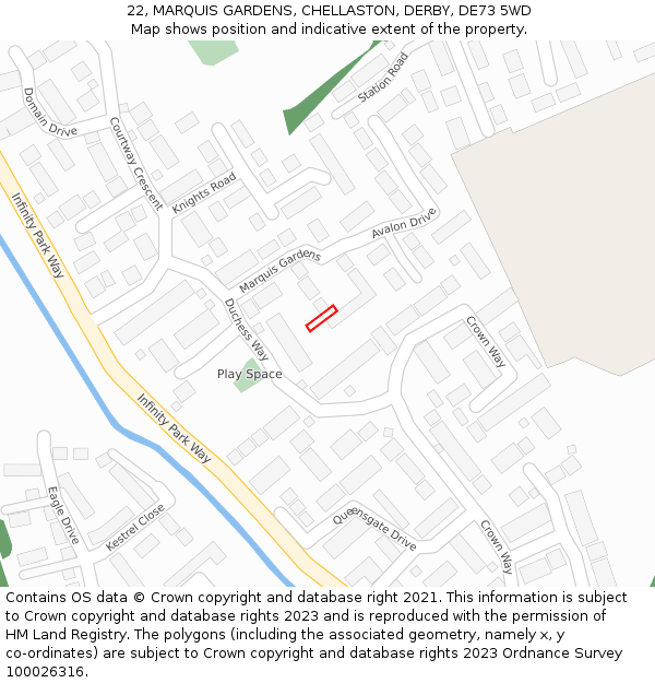 22, MARQUIS GARDENS, CHELLASTON, DERBY, DE73 5WD: Location map and indicative extent of plot
