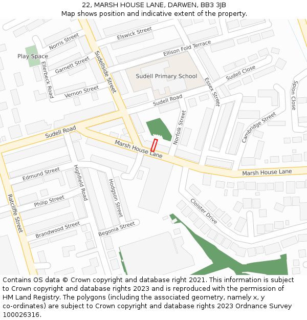 22, MARSH HOUSE LANE, DARWEN, BB3 3JB: Location map and indicative extent of plot