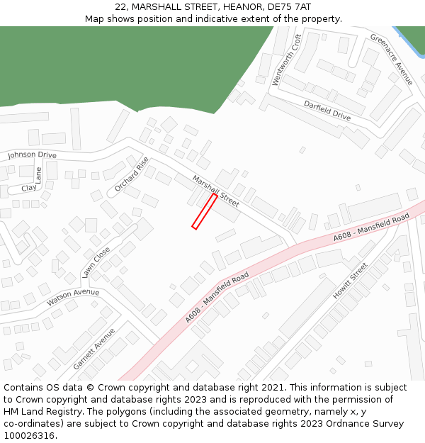 22, MARSHALL STREET, HEANOR, DE75 7AT: Location map and indicative extent of plot