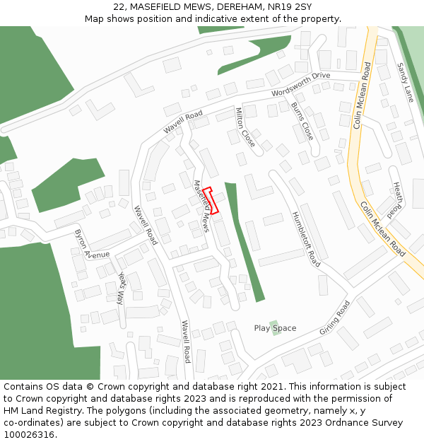22, MASEFIELD MEWS, DEREHAM, NR19 2SY: Location map and indicative extent of plot