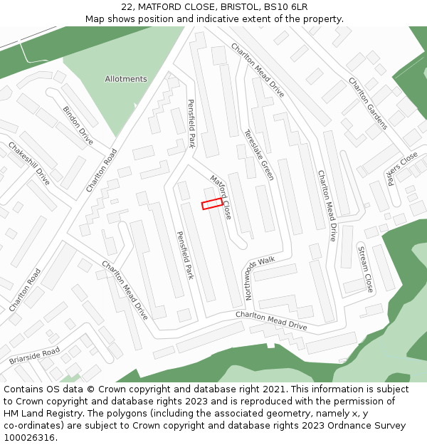 22, MATFORD CLOSE, BRISTOL, BS10 6LR: Location map and indicative extent of plot