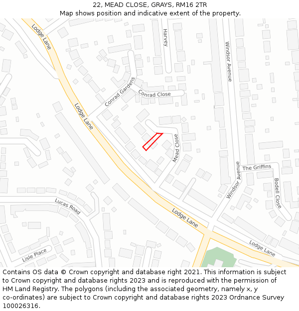 22, MEAD CLOSE, GRAYS, RM16 2TR: Location map and indicative extent of plot