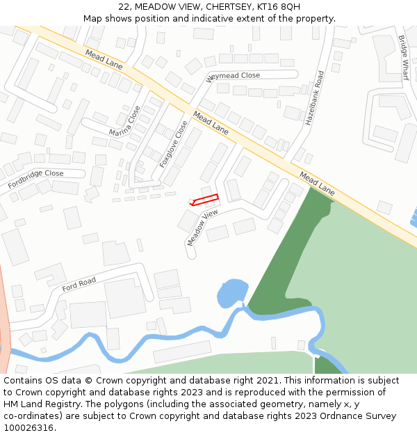 22, MEADOW VIEW, CHERTSEY, KT16 8QH: Location map and indicative extent of plot