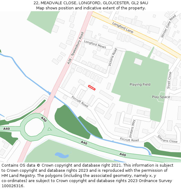22, MEADVALE CLOSE, LONGFORD, GLOUCESTER, GL2 9AU: Location map and indicative extent of plot