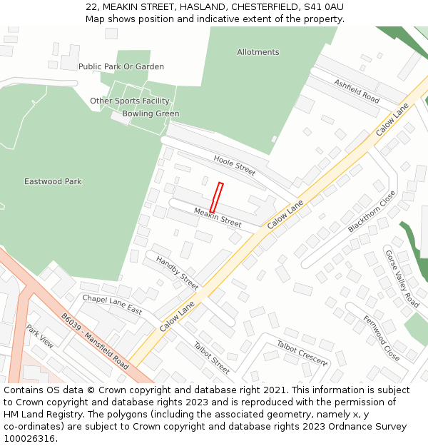 22, MEAKIN STREET, HASLAND, CHESTERFIELD, S41 0AU: Location map and indicative extent of plot