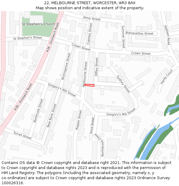 22, MELBOURNE STREET, WORCESTER, WR3 8AX: Location map and indicative extent of plot