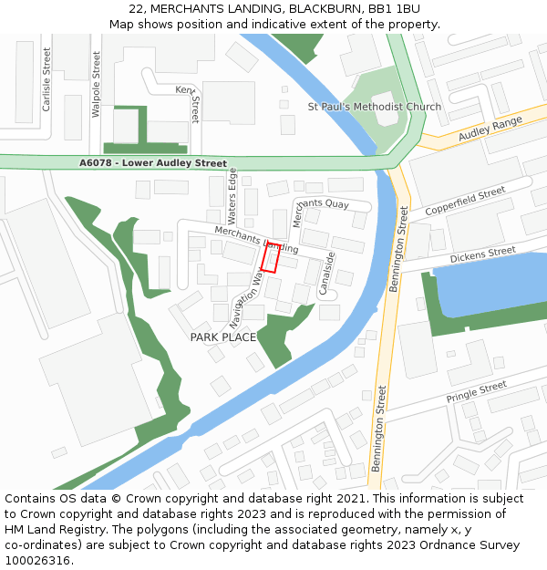22, MERCHANTS LANDING, BLACKBURN, BB1 1BU: Location map and indicative extent of plot