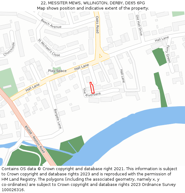 22, MESSITER MEWS, WILLINGTON, DERBY, DE65 6PG: Location map and indicative extent of plot
