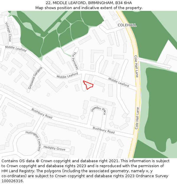 22, MIDDLE LEAFORD, BIRMINGHAM, B34 6HA: Location map and indicative extent of plot