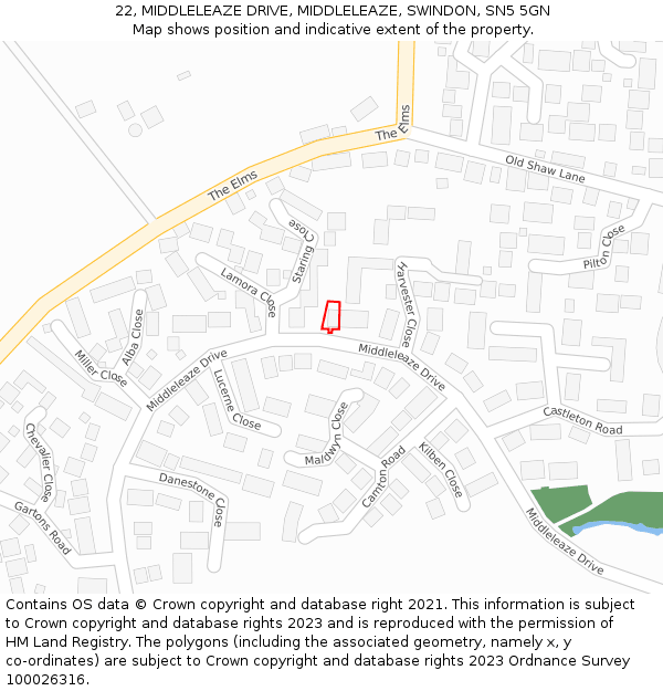 22, MIDDLELEAZE DRIVE, MIDDLELEAZE, SWINDON, SN5 5GN: Location map and indicative extent of plot