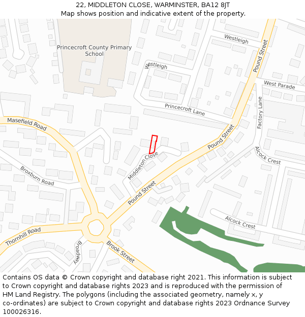 22, MIDDLETON CLOSE, WARMINSTER, BA12 8JT: Location map and indicative extent of plot