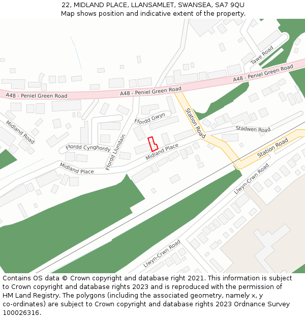 22, MIDLAND PLACE, LLANSAMLET, SWANSEA, SA7 9QU: Location map and indicative extent of plot