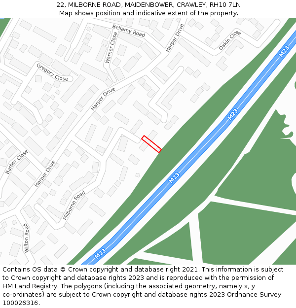22, MILBORNE ROAD, MAIDENBOWER, CRAWLEY, RH10 7LN: Location map and indicative extent of plot