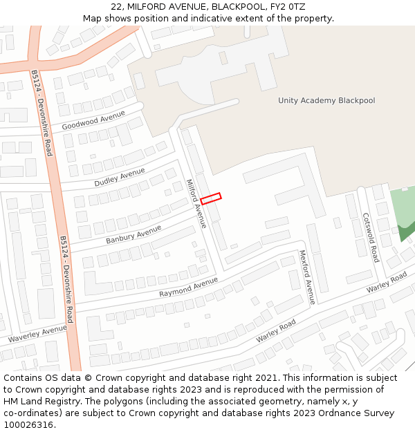22, MILFORD AVENUE, BLACKPOOL, FY2 0TZ: Location map and indicative extent of plot