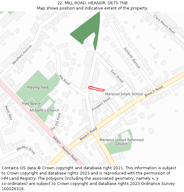 22, MILL ROAD, HEANOR, DE75 7NB: Location map and indicative extent of plot