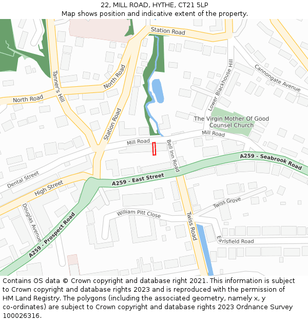 22, MILL ROAD, HYTHE, CT21 5LP: Location map and indicative extent of plot
