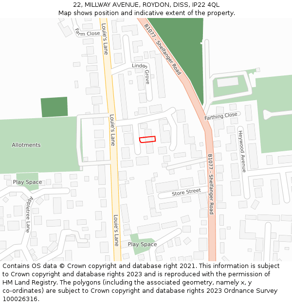 22, MILLWAY AVENUE, ROYDON, DISS, IP22 4QL: Location map and indicative extent of plot
