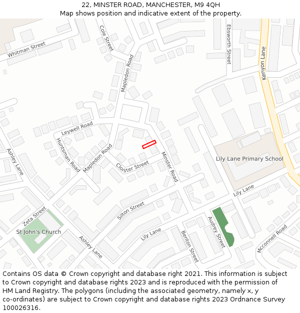 22, MINSTER ROAD, MANCHESTER, M9 4QH: Location map and indicative extent of plot