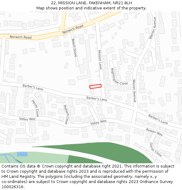 22, MISSION LANE, FAKENHAM, NR21 8LH: Location map and indicative extent of plot
