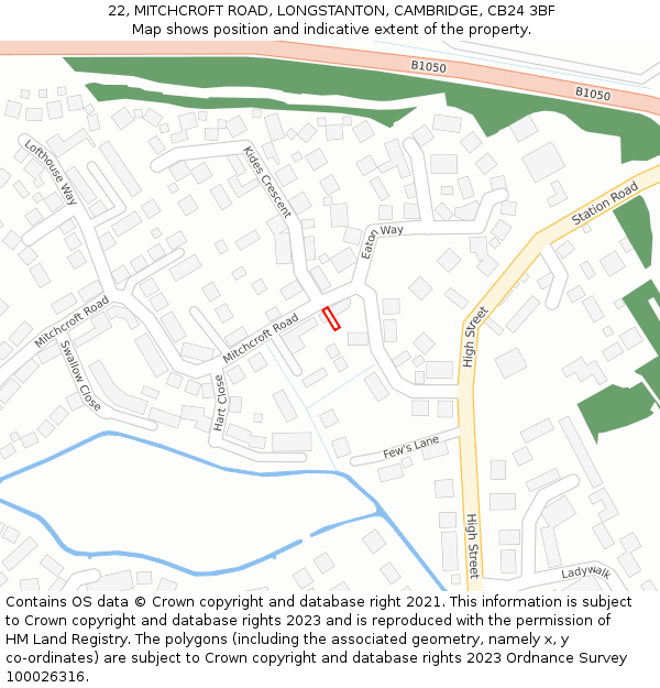 22, MITCHCROFT ROAD, LONGSTANTON, CAMBRIDGE, CB24 3BF: Location map and indicative extent of plot