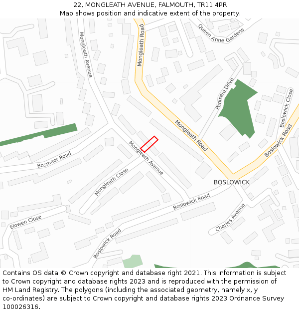 22, MONGLEATH AVENUE, FALMOUTH, TR11 4PR: Location map and indicative extent of plot