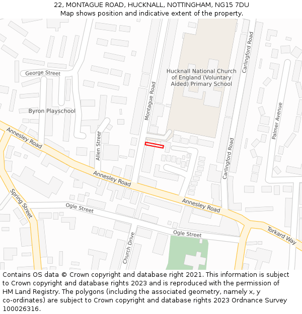 22, MONTAGUE ROAD, HUCKNALL, NOTTINGHAM, NG15 7DU: Location map and indicative extent of plot
