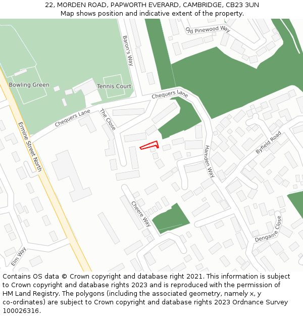 22, MORDEN ROAD, PAPWORTH EVERARD, CAMBRIDGE, CB23 3UN: Location map and indicative extent of plot