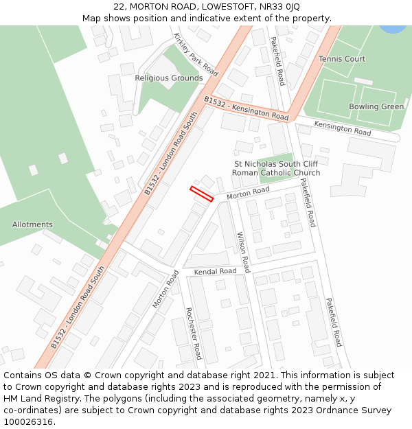 22, MORTON ROAD, LOWESTOFT, NR33 0JQ: Location map and indicative extent of plot
