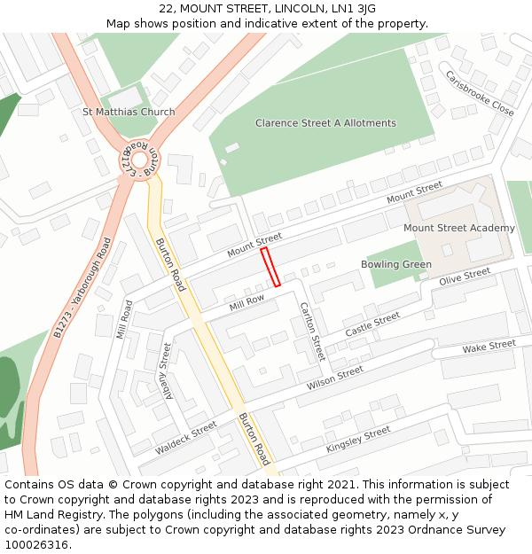 22, MOUNT STREET, LINCOLN, LN1 3JG: Location map and indicative extent of plot