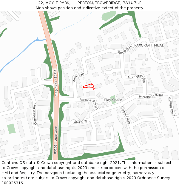22, MOYLE PARK, HILPERTON, TROWBRIDGE, BA14 7UF: Location map and indicative extent of plot