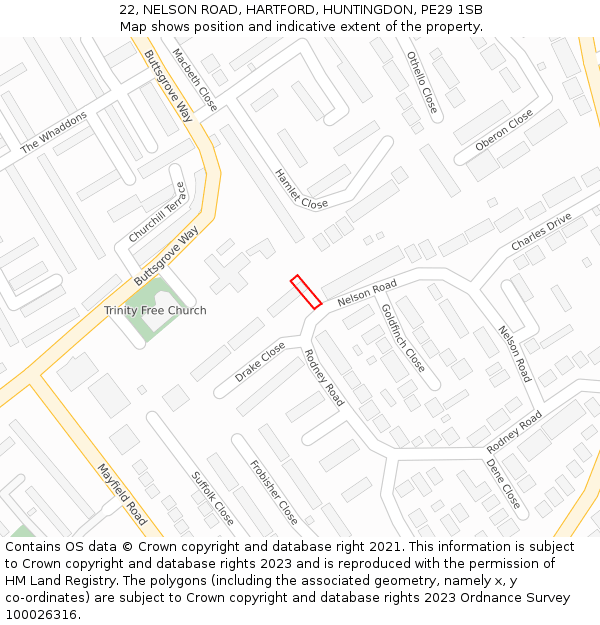 22, NELSON ROAD, HARTFORD, HUNTINGDON, PE29 1SB: Location map and indicative extent of plot