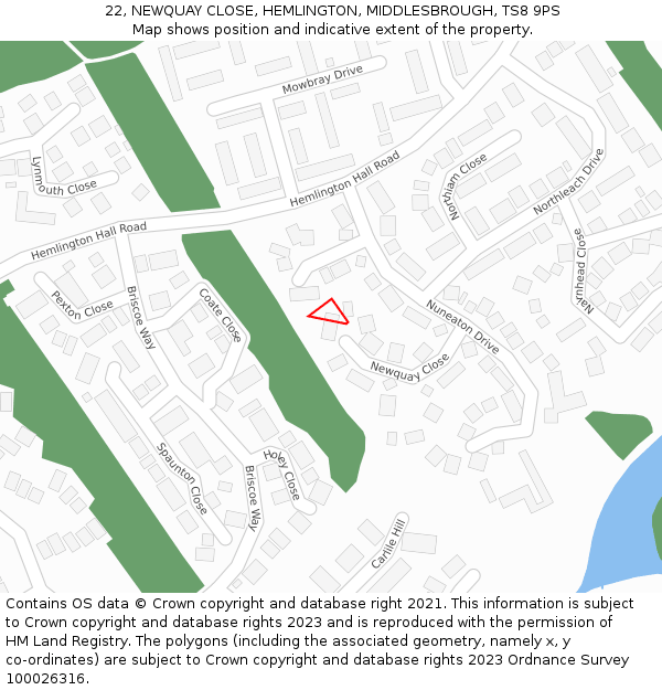 22, NEWQUAY CLOSE, HEMLINGTON, MIDDLESBROUGH, TS8 9PS: Location map and indicative extent of plot