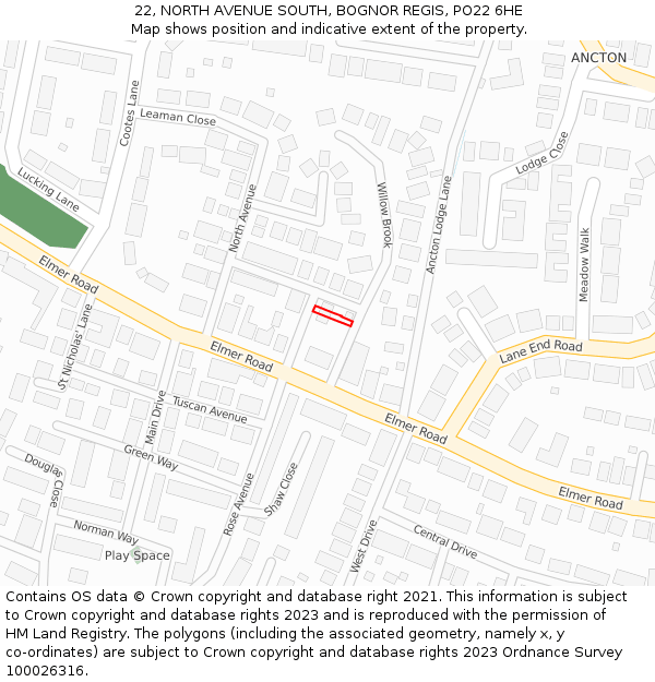 22, NORTH AVENUE SOUTH, BOGNOR REGIS, PO22 6HE: Location map and indicative extent of plot