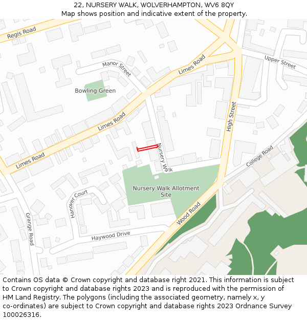 22, NURSERY WALK, WOLVERHAMPTON, WV6 8QY: Location map and indicative extent of plot