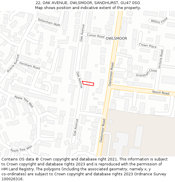 22, OAK AVENUE, OWLSMOOR, SANDHURST, GU47 0SG: Location map and indicative extent of plot