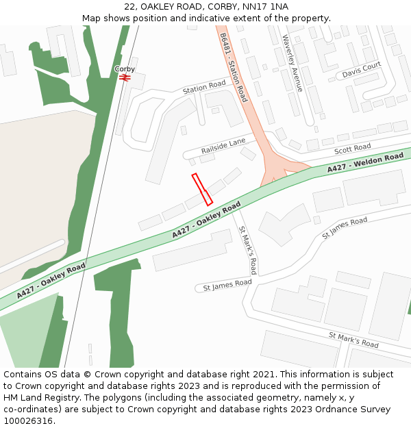 22, OAKLEY ROAD, CORBY, NN17 1NA: Location map and indicative extent of plot