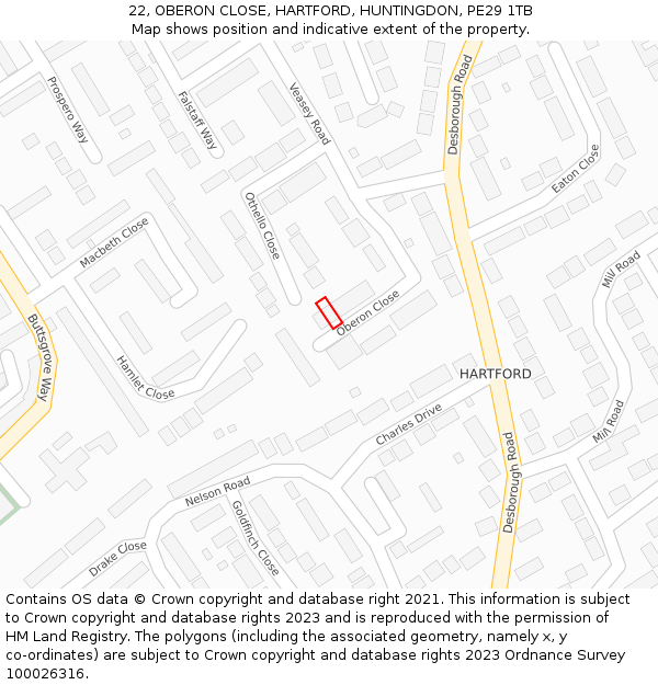 22, OBERON CLOSE, HARTFORD, HUNTINGDON, PE29 1TB: Location map and indicative extent of plot