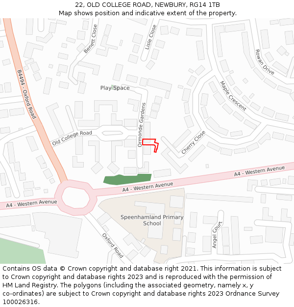22, OLD COLLEGE ROAD, NEWBURY, RG14 1TB: Location map and indicative extent of plot