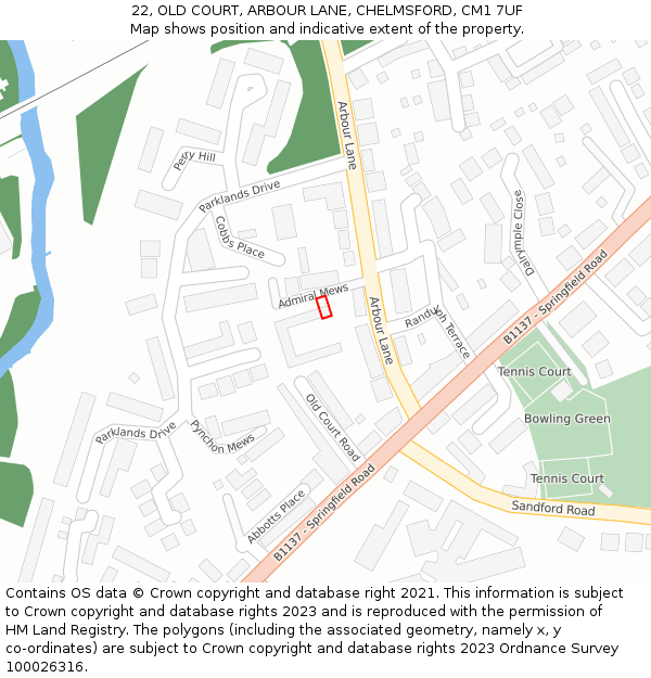 22, OLD COURT, ARBOUR LANE, CHELMSFORD, CM1 7UF: Location map and indicative extent of plot