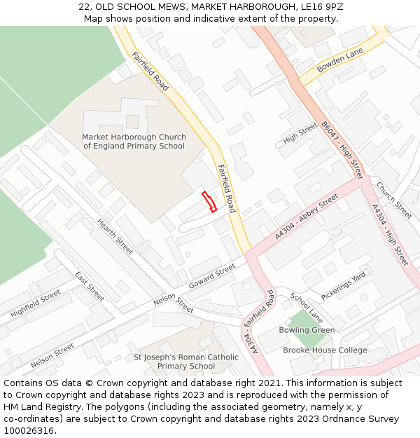 22, OLD SCHOOL MEWS, MARKET HARBOROUGH, LE16 9PZ: Location map and indicative extent of plot