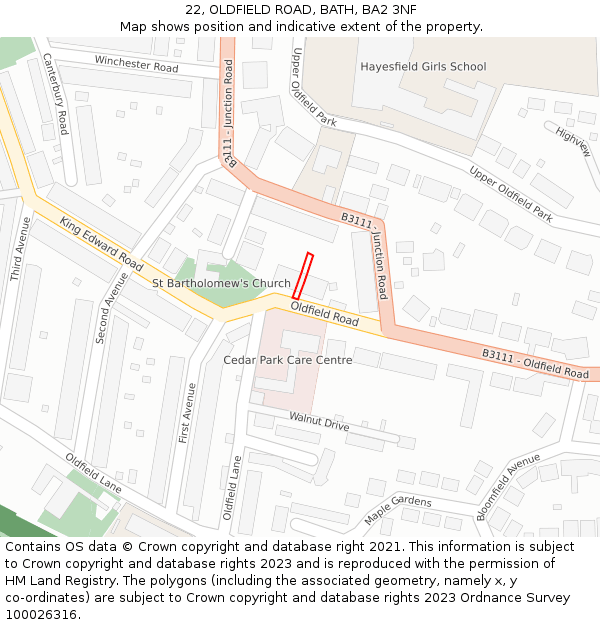 22, OLDFIELD ROAD, BATH, BA2 3NF: Location map and indicative extent of plot