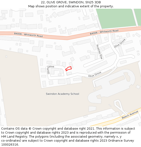 22, OLIVE GROVE, SWINDON, SN25 3DB: Location map and indicative extent of plot